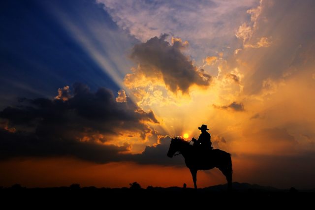 A cowboy rides off into the sunset