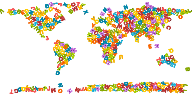 A map of the world is composed of multicolored letters