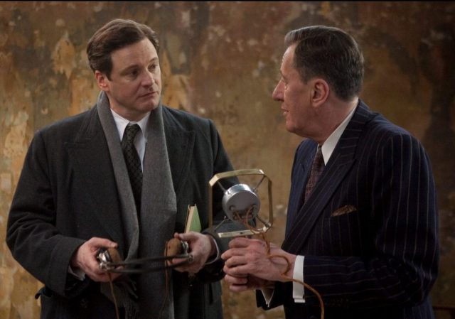 Colin Firth works with a diction coach in "The King's Speech"