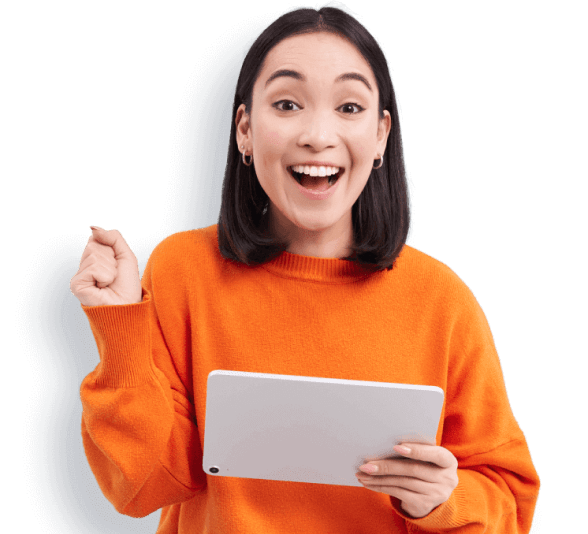 Smiling girl with orange shirt holding a tablet