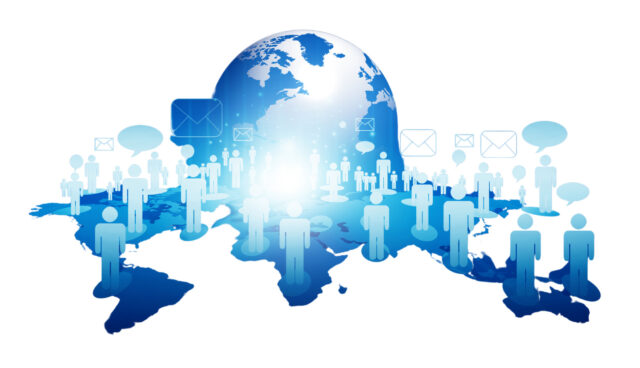 A graphic of media connecting people all over the world